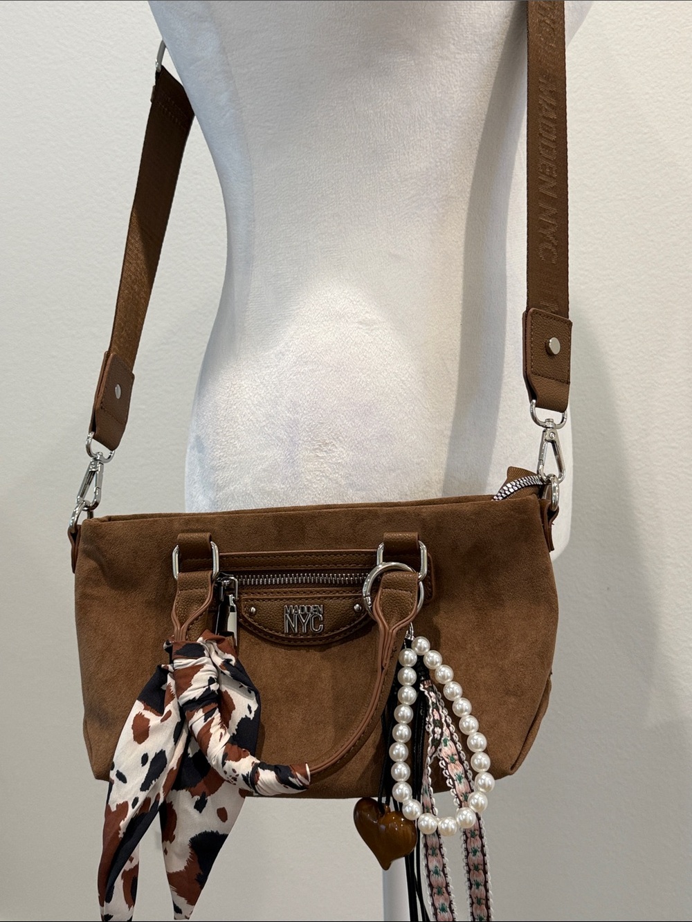 Madden NYC Slouchy Top Handle Satchel Cognac Color Faux Suede NWOT - Picture 9 of 16